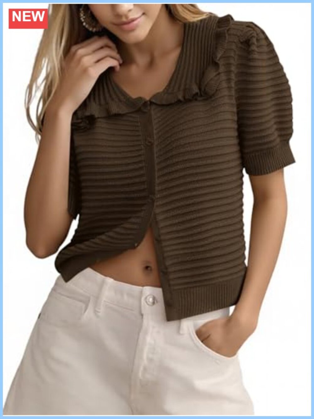 Womens Ruffle Cardigan Sweater Puff Short Sleeve Button Up Eyelet Ribbed Knit